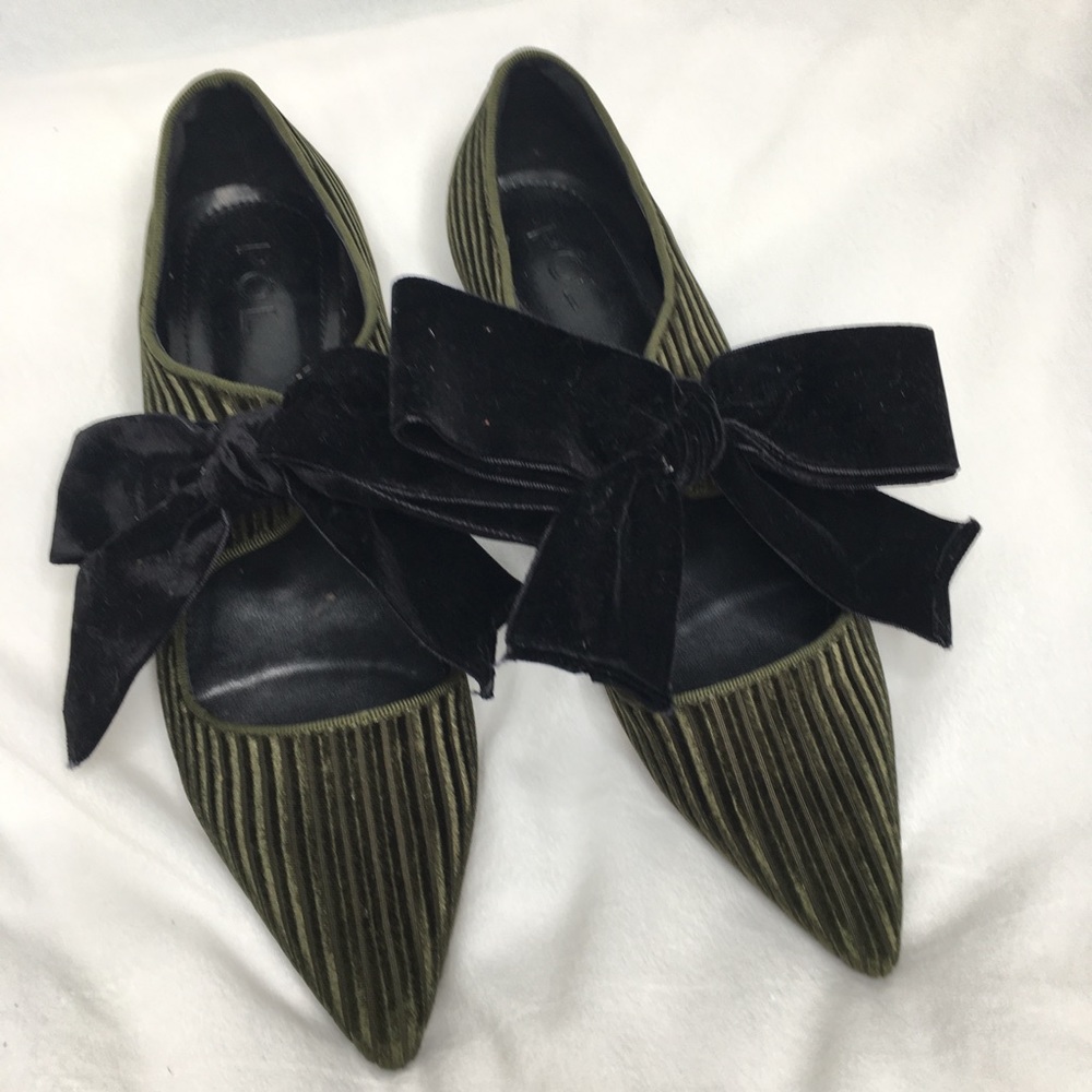 POL army Green Velvet Bow Pointed Toe Ballet Flats